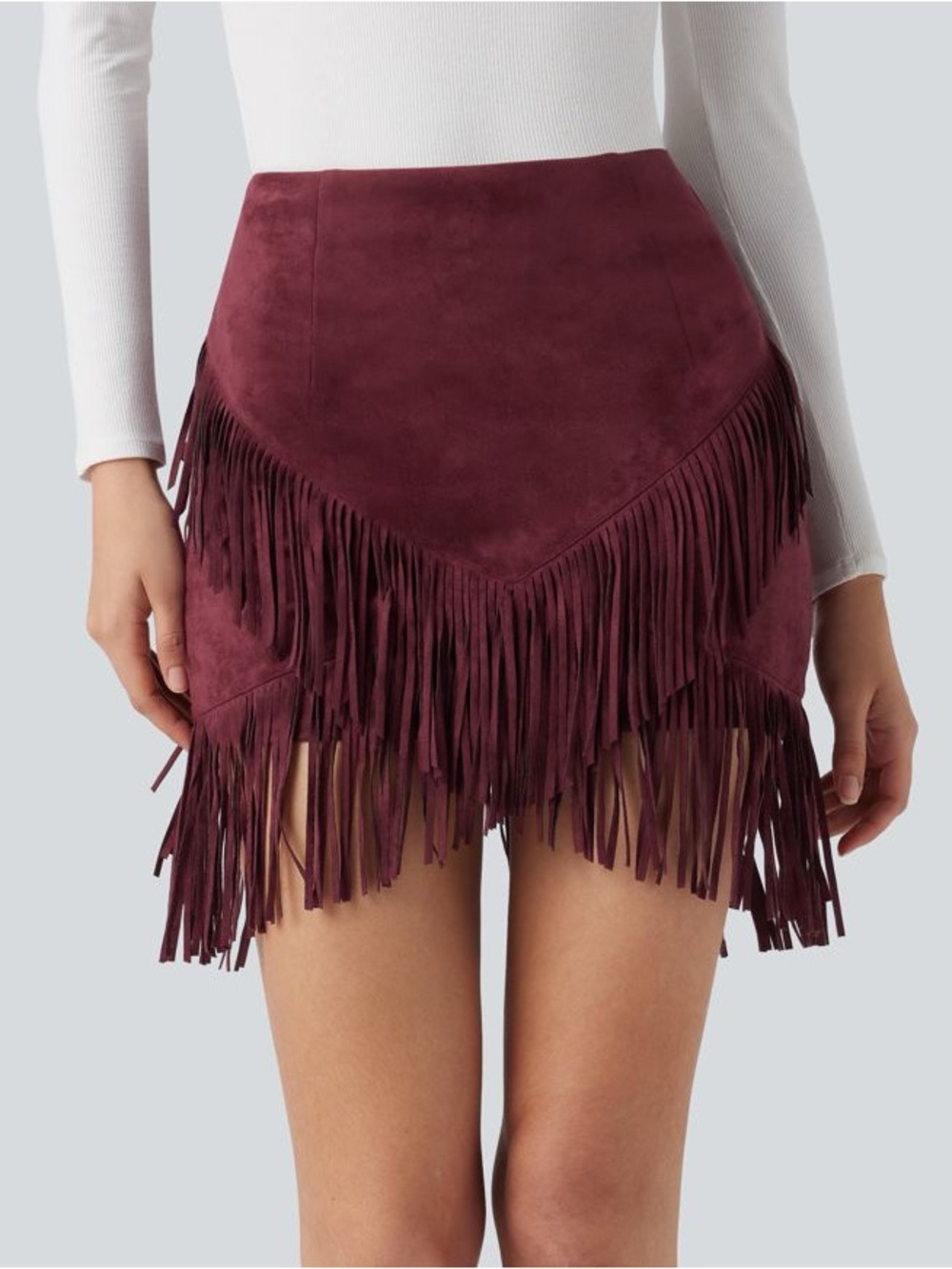 Halara High Waisted 2-in-1 Fringe Hem Bodycon Mini Suede Casual Skirt - Picture 1 of 5